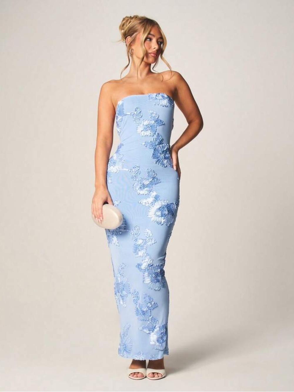 Strapless Light Blue Floral Embroidered Maxi Dress